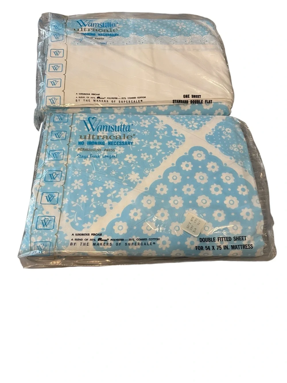 Vtg NWT OS Wamsutta Ultracale Double Fitted Flat Pillowcase Calico Blue 4PC Set